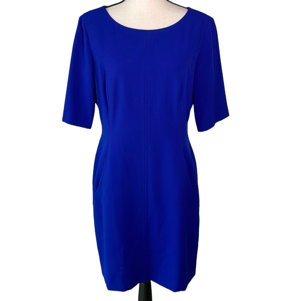 TAHARI Royal Blue Short Sleeve Round Neck Sheath Mini Dress 10P